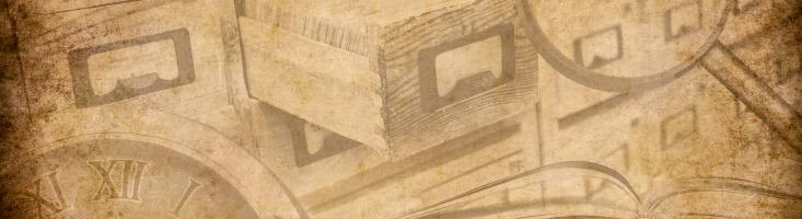 Bibliotheksentwicklung Collage in Sepia mit Katalogkästen, Büchern, Lupe und Uhr