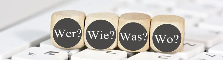 Würfel mit der Beschriftung "Wer? Wie? Was? Wo?"