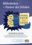 Leselöwe, der ein Buch hält Logo des Gütesiegels "Bibliotheken - Partner der Schulen"