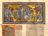 Darstellung des Lebens Absaloms in einer Miniatur zu Textbeginn des Liber 2 der Gumbertusbibel, Erlangen Gumbertusbibel, Regum Liber 2 (Samuel 2), Bl. 95r Initiale F(ACTUM EST) Miniatur: Das Leben Absaloms