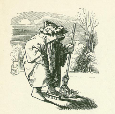 Herr Winter beim Glätten des Eises. Aus: Herr Winter. Münchener Bilderbogen Nr. 5 (1. Jahrgang, 1848) Herr Winter beim Glätten des Eises