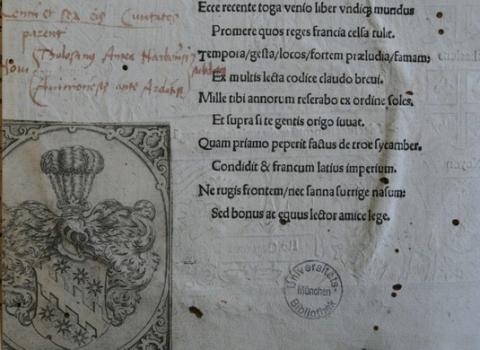Wappen-Exlibris von Christoph Gewold und handschriftliche Marginalien Aventins Wappen-Exlibris von Christoph Gewold und handschriftliche Marginalien Aventins