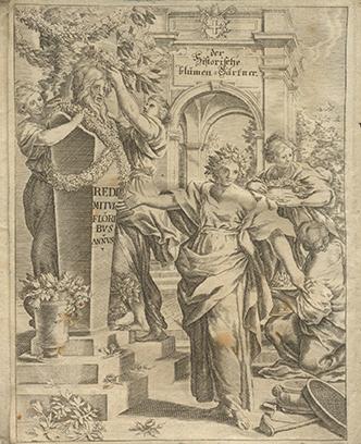 Graphik von Louis Liger: "Historischer und verständiger Blumen-Gärtner..." Graphik einer Gartenszene aus dem 18. Jahrhundert