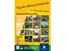 Gelbes Plakat mit vielen Einzelaufnahmen von Bauwerken in Erlangen