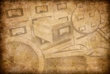 Collage in Sepia mit Katalogkästen, Büchern, Lupe und Uhr