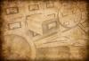 Collage in Sepia mit Katalogkästen, Büchern, Lupe und Uhr